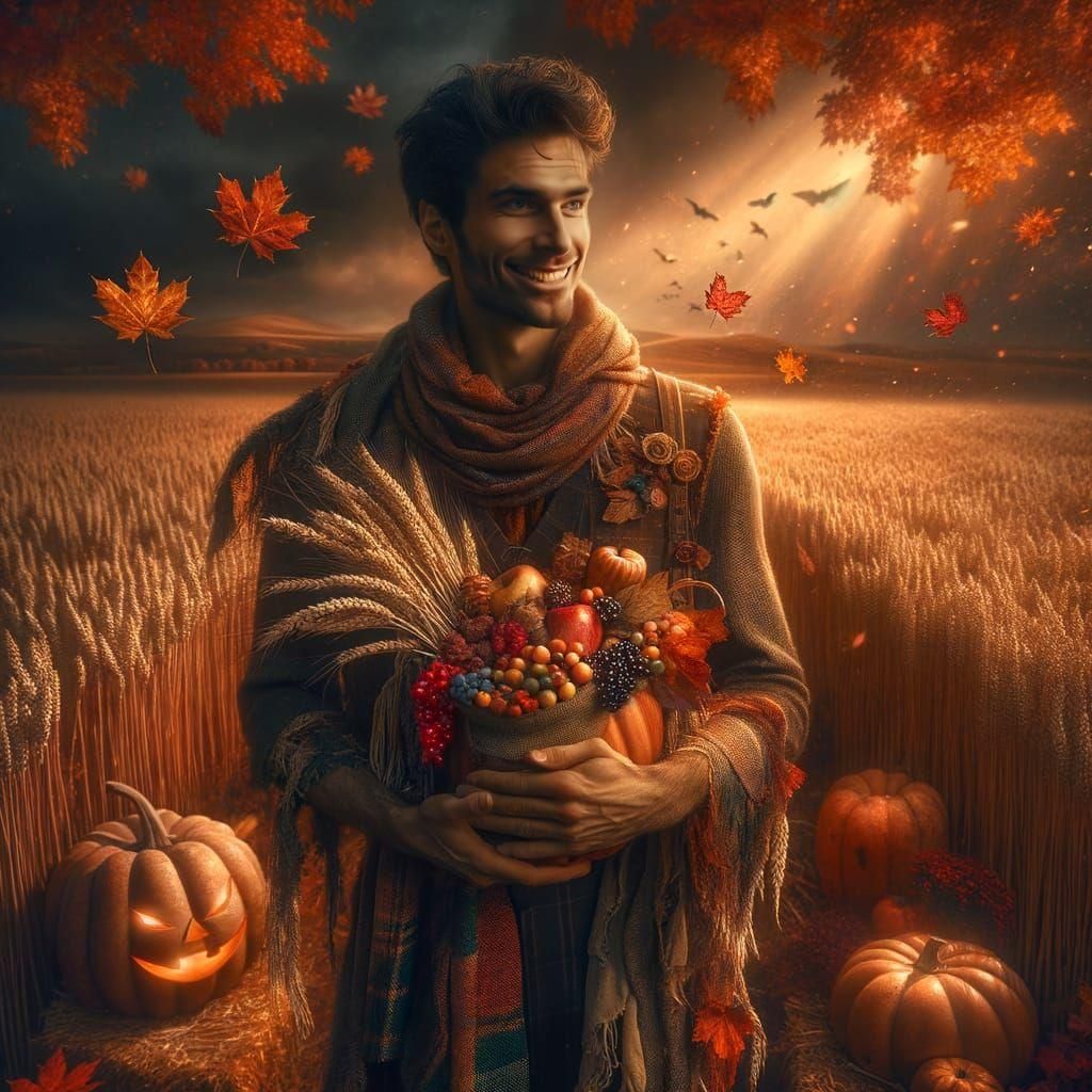 Autumn Scarecrow with Cornucopia in Wheat Fields