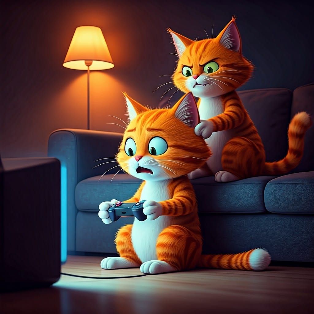 Cartoon Cats Gaming in Cozy Living Room