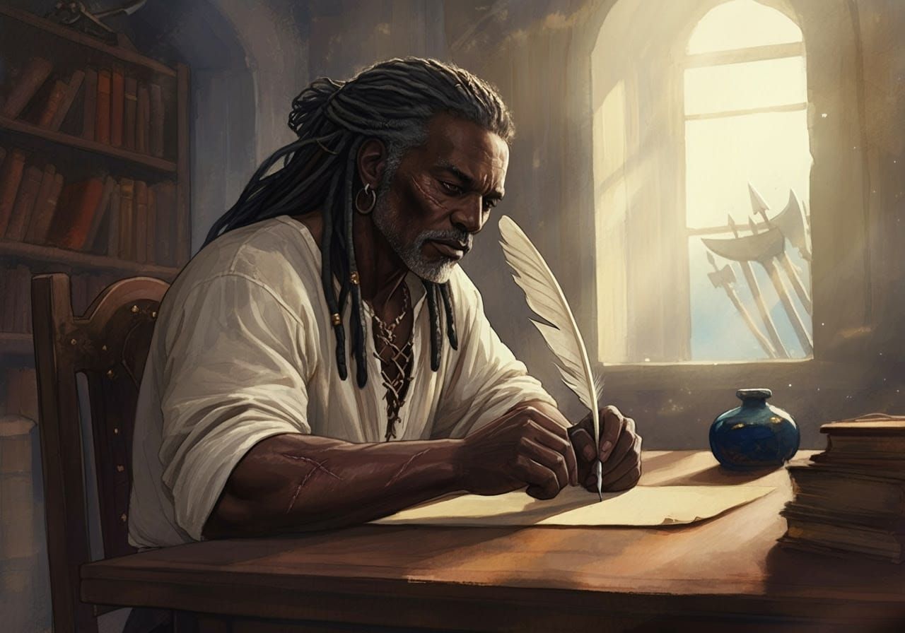 Warrior Writing in Impressionist Watercolor Style