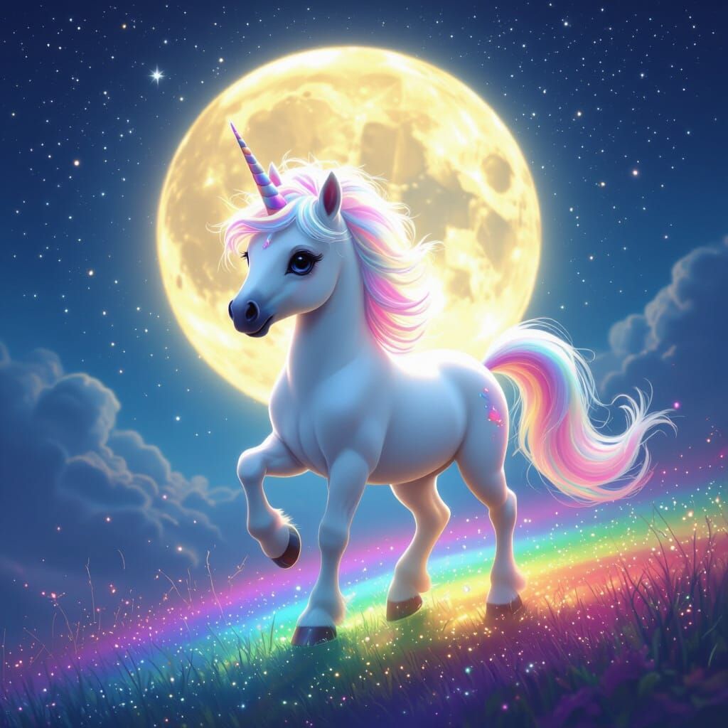 Baby Unicorn Prances on Rainbow Under Moon