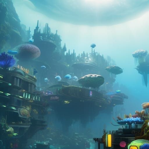 Cyberpunk City Undersea with Coral Reefs