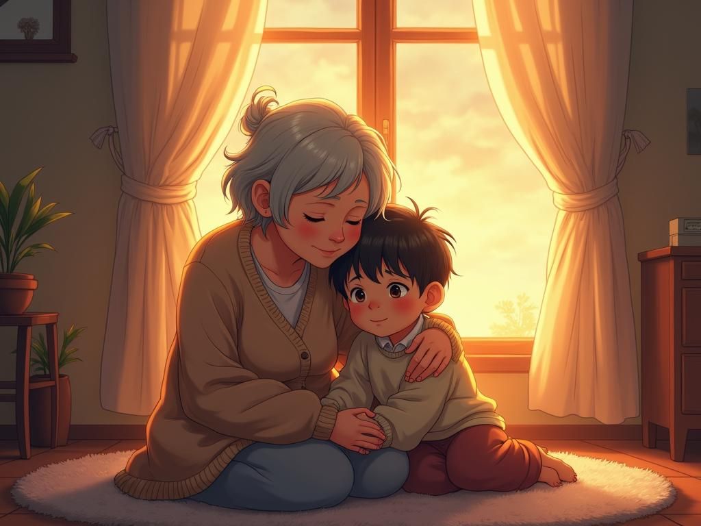 Affectionate Grandma and Boy in Anime Style