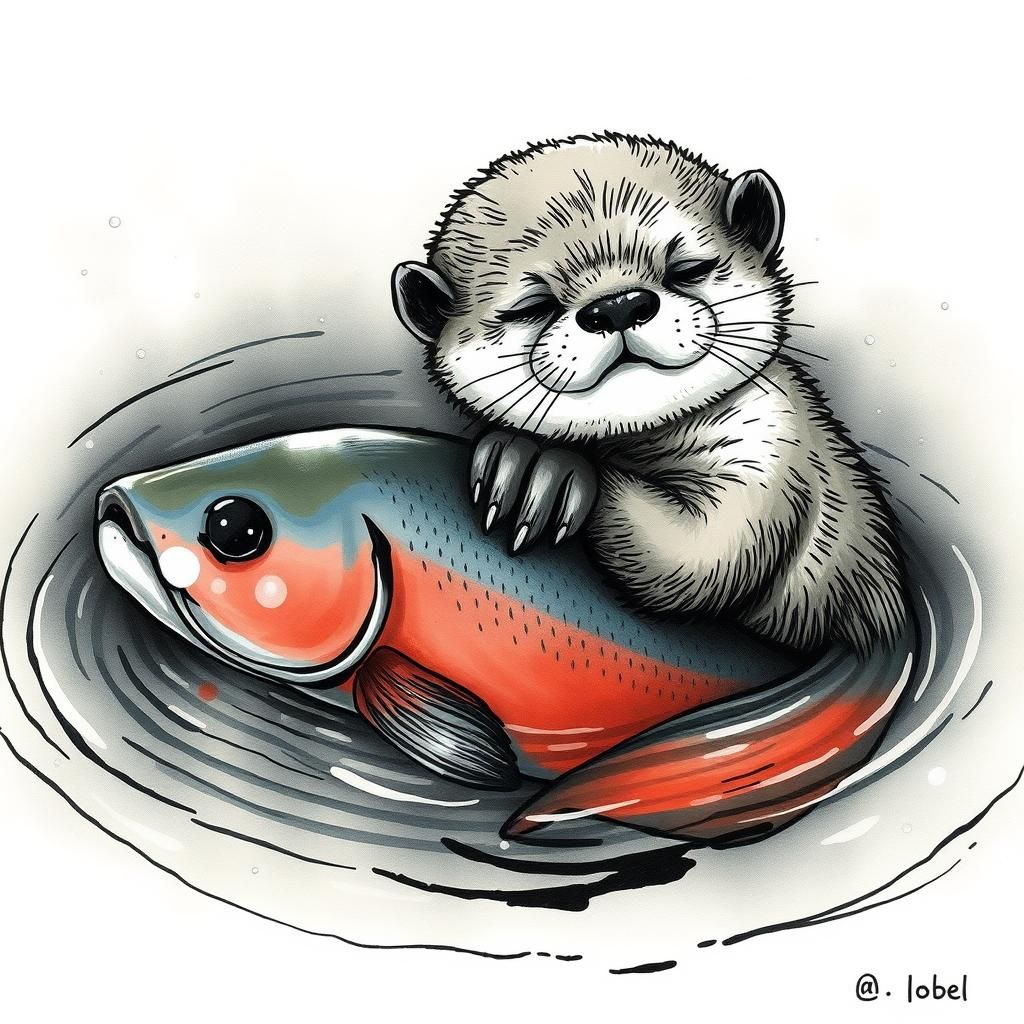 Baby Otter Napping on Fish in Ink Painting Style