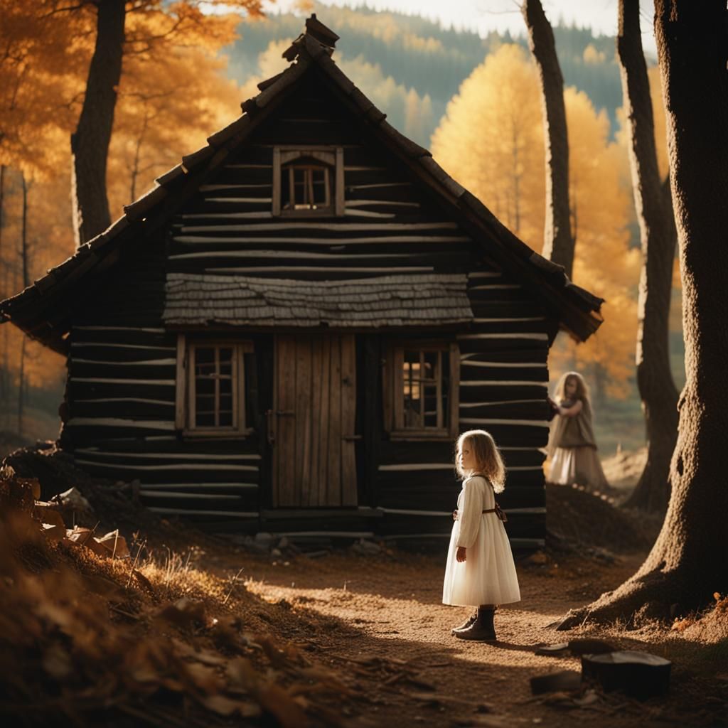 Girl Plays Before House with Cave, Cinematic Autumn Scene