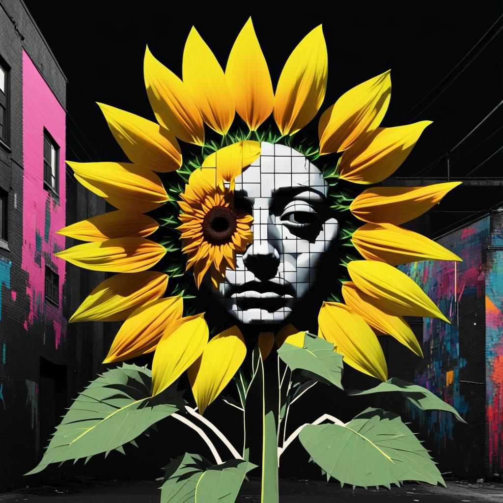 Surreal Sunflower Portrait in 1980s Avant-Garde Style