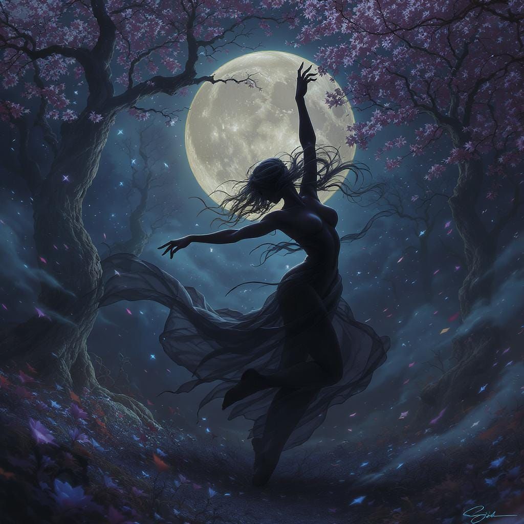 Ethereal Shadow Dancer in Moonlit Forest