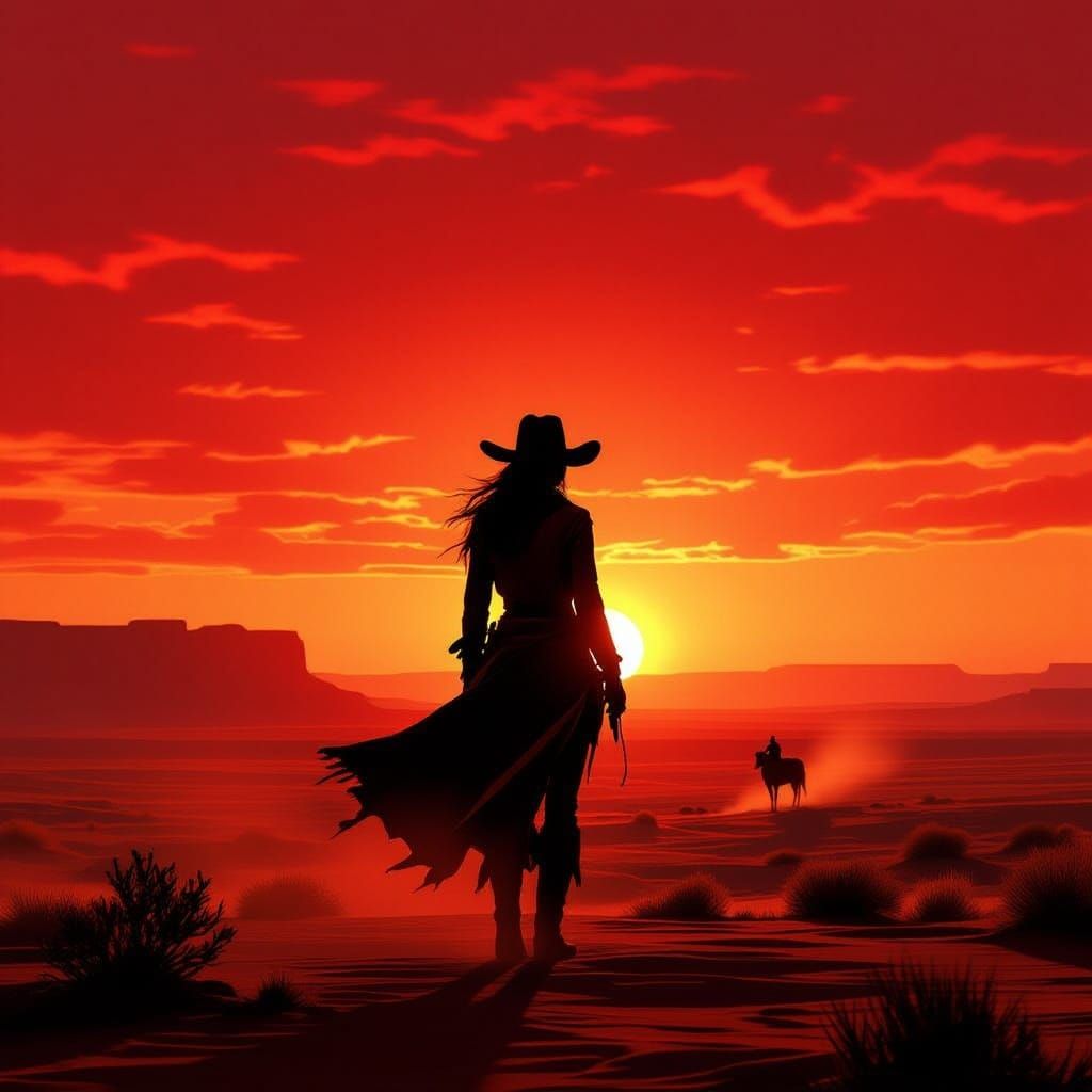 Lone Cowgirl Silhouette at Dramatic Desert Sunset