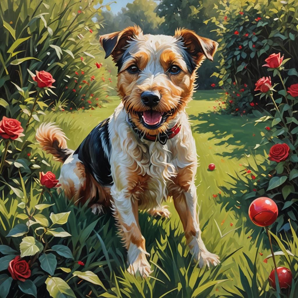 Vibrant Oil Painting of Terrier with Ball