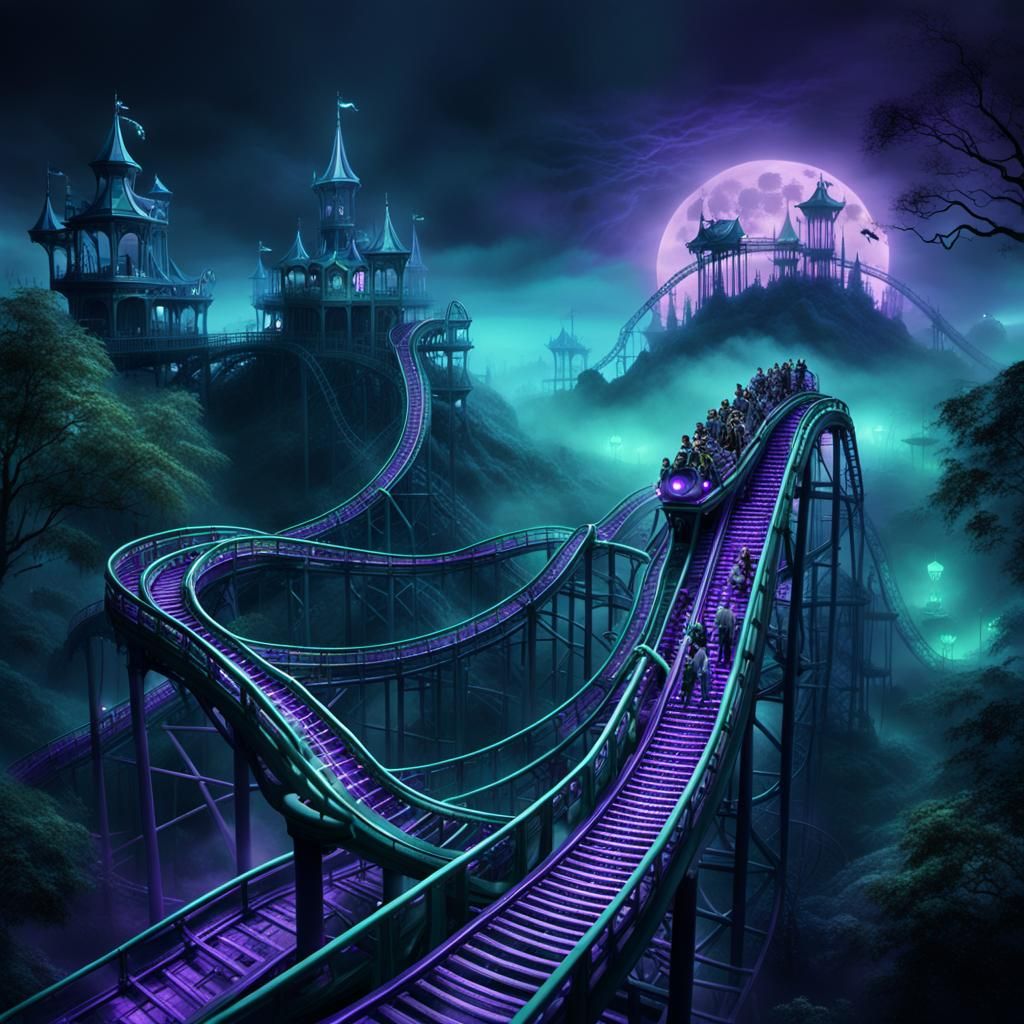 Skeletons Ride Roller Coaster in Dark Fantasy Amusement Park