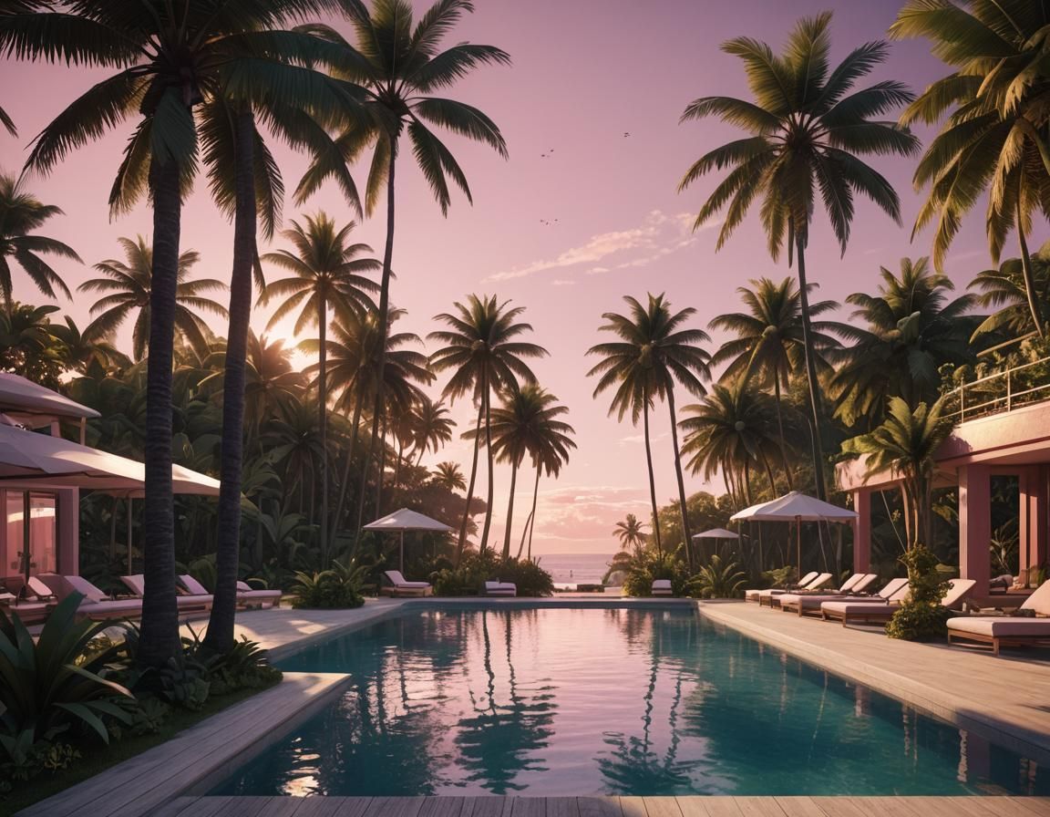 Tropical Pool at Pink Sunrise, Detailed 3D Render