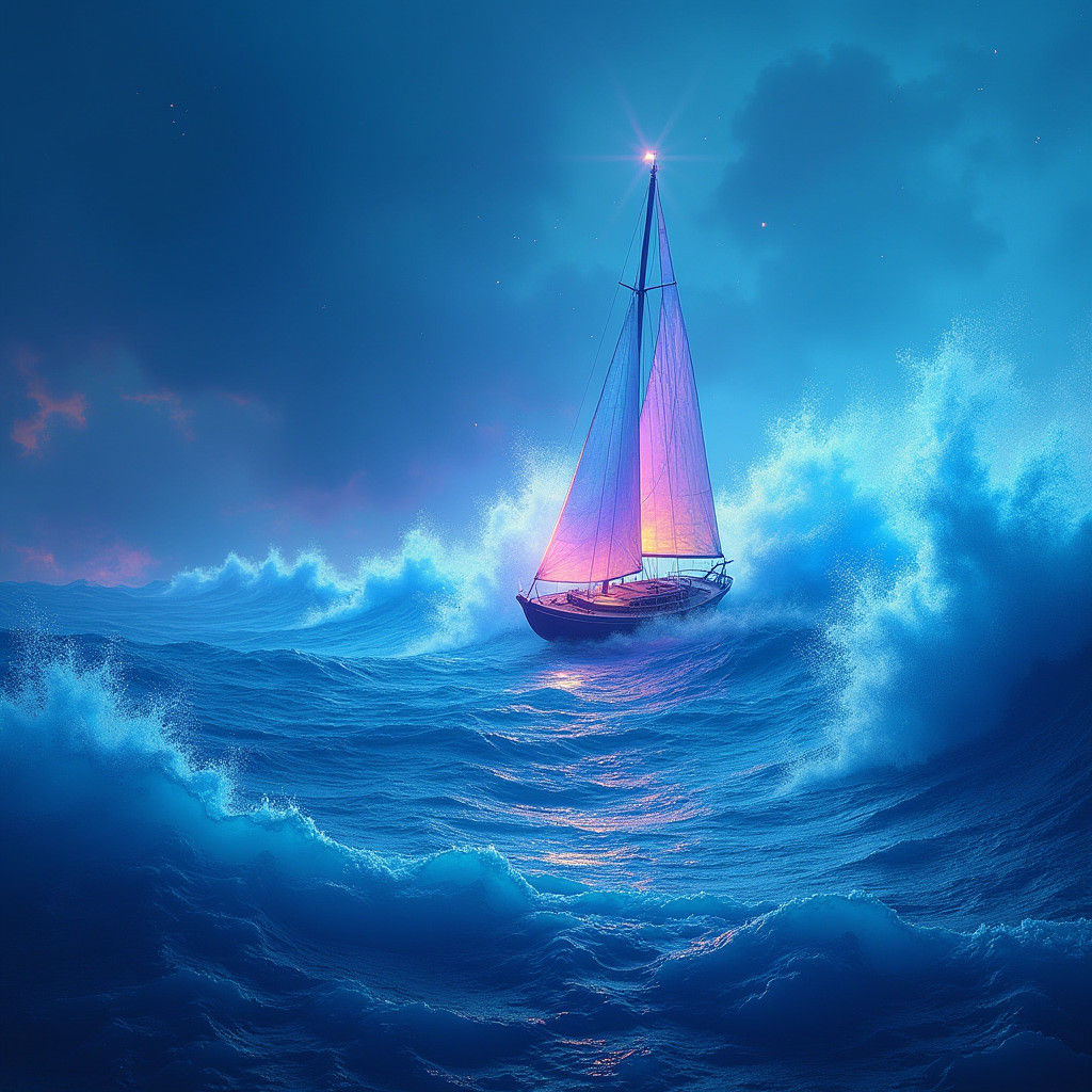 Sailboat Glides Across Neon Ocean as Fantasy Art