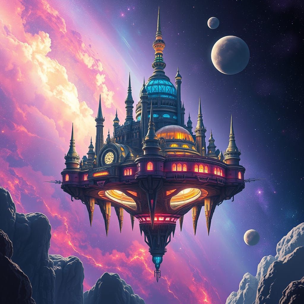 Floating Island City in a Vibrant Galaxy