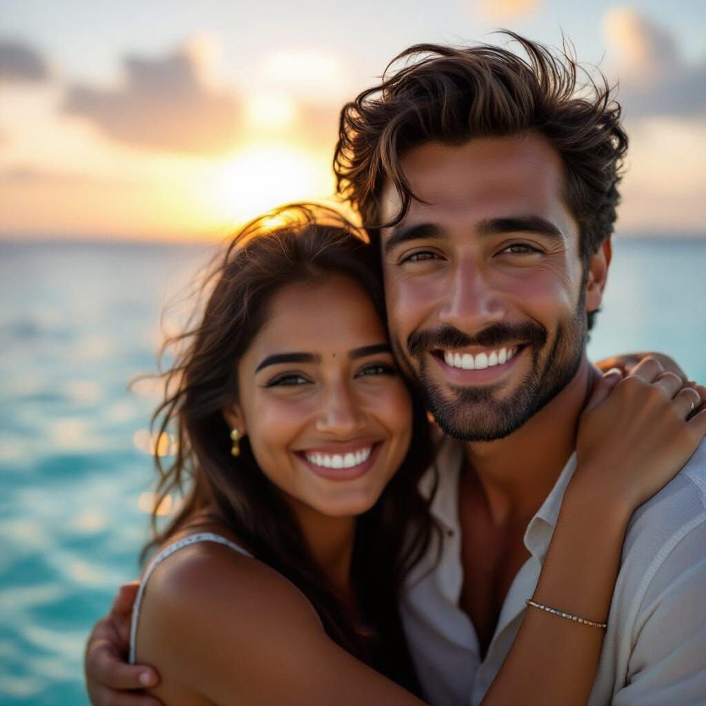 Happy Couple Embraces on Maldives Beach at Sunset