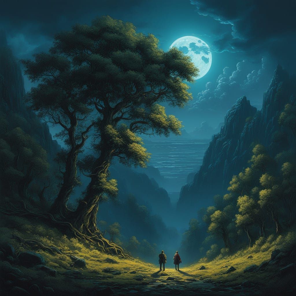 Surreal Lunar Landscape with Contorted Trees