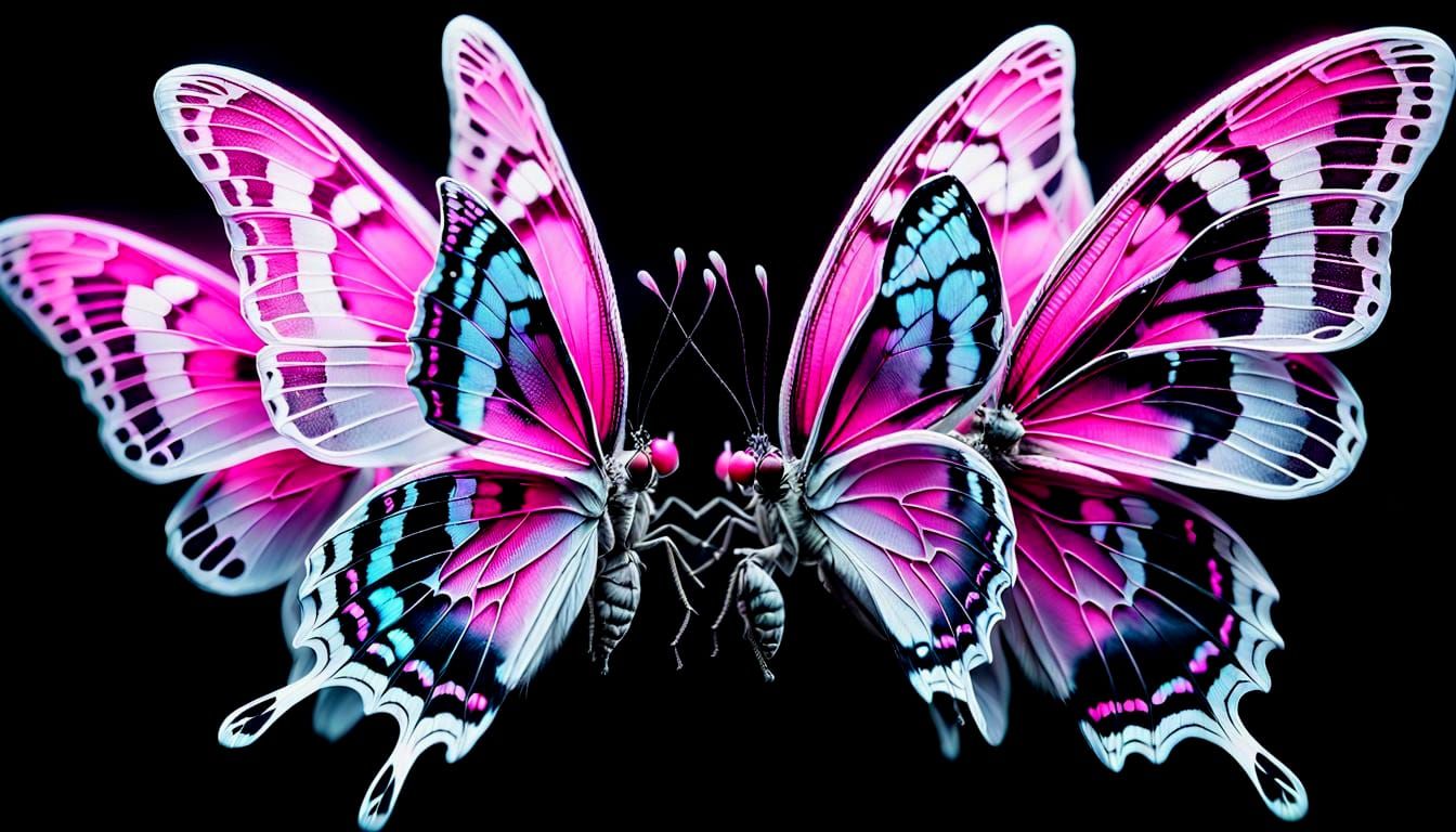 Neon Pink Fairy Butterflies on Black Background