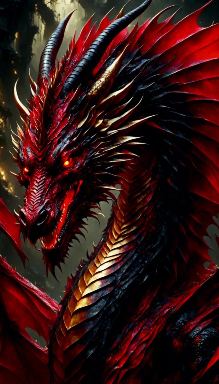 Red and Black Dragon Portrait in Oil Painting Style