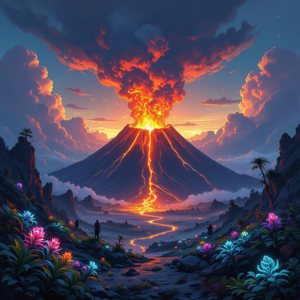 Erupting Volcano in Enchanted Fantasy Landscape