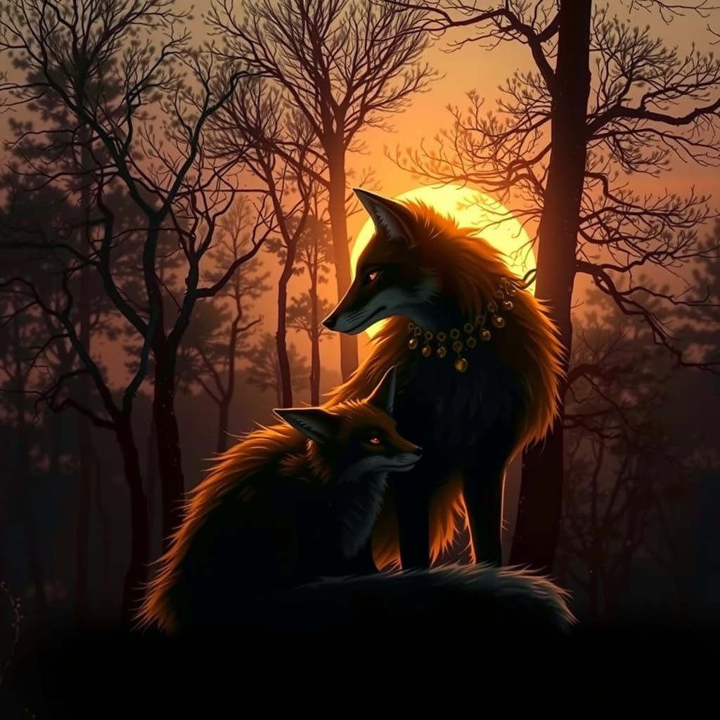 Mystical Fox Mother at Sunrise in Detailed Matte Painting St...