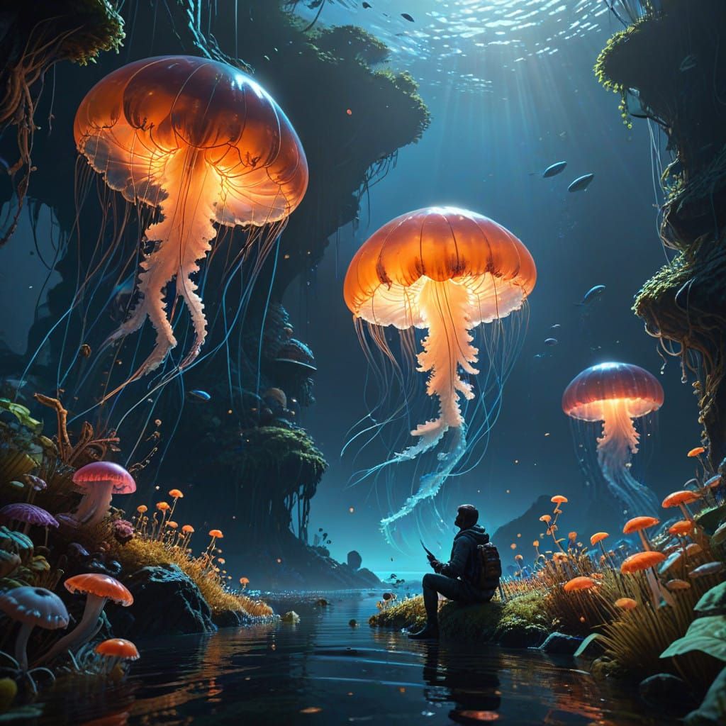 Ethereal Jellyfish Scene at Night Under the Sea