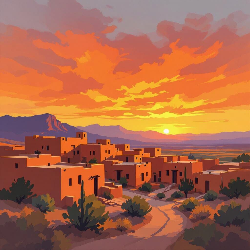 Vibrant New Mexico Sunset Over Adobe Buildings