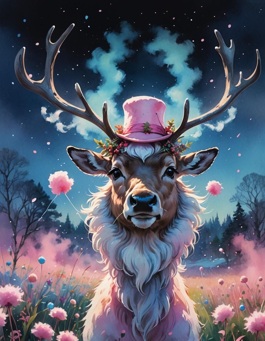 Reindeer in Anime Style with Pink Hat and Candy