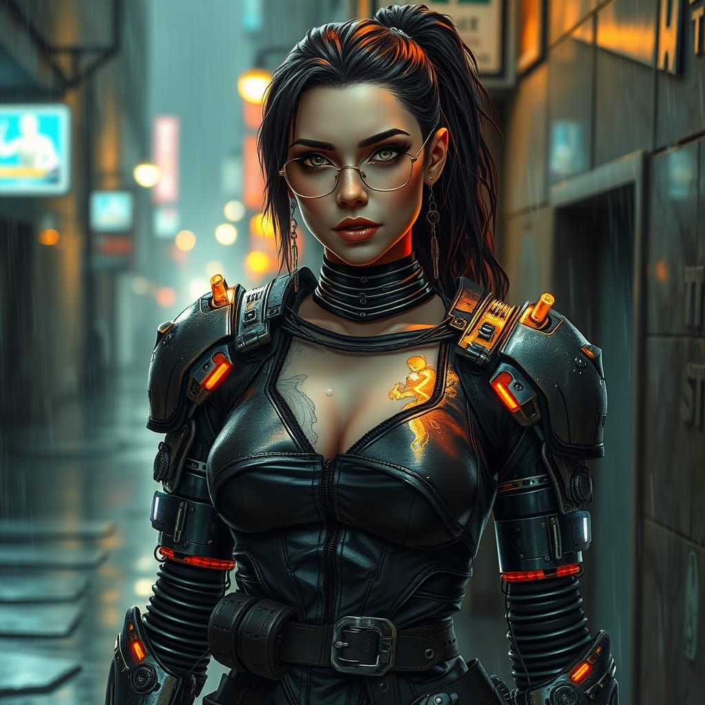 Cyborg Enforcer in Rain-soaked Cyberpunk Alley