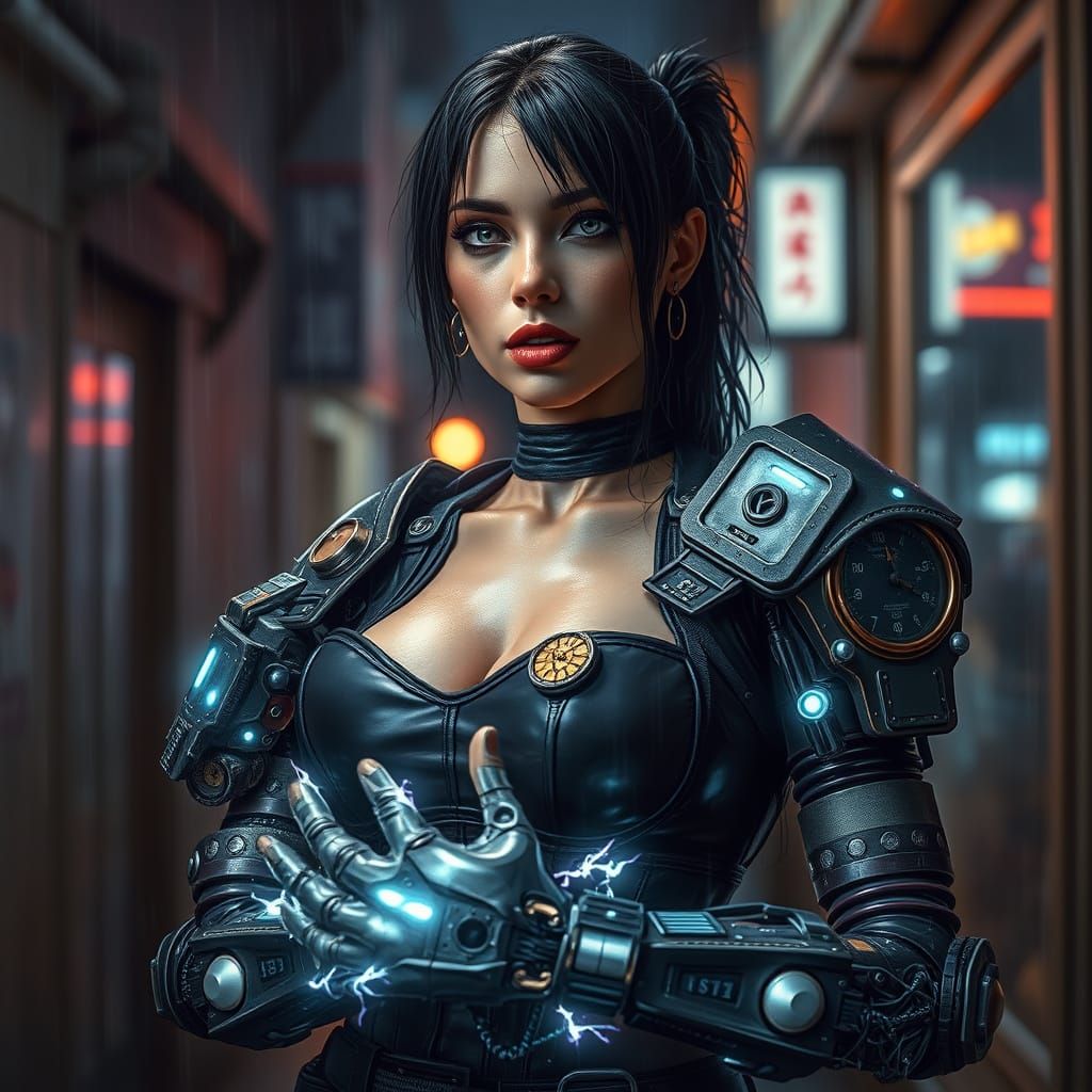 Cyborg Enforcer in Rainy Alleyway