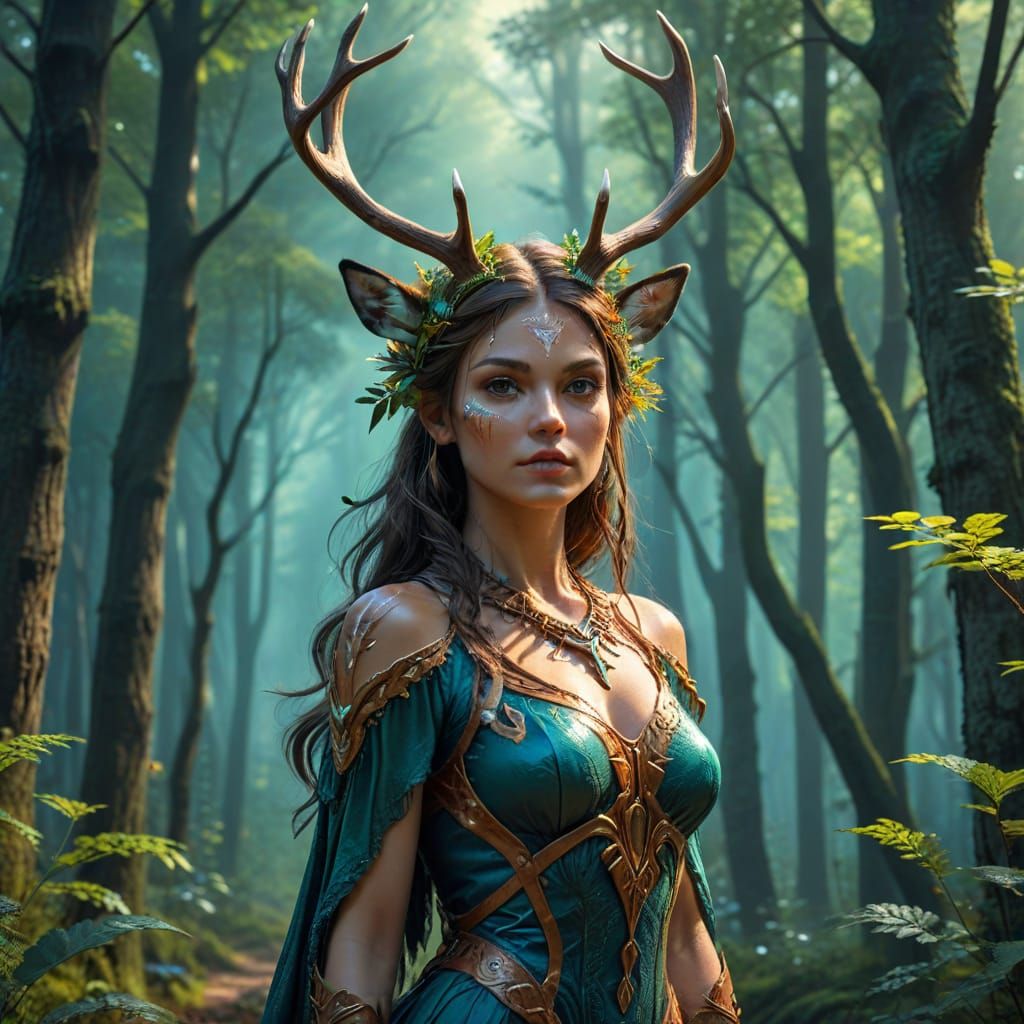 Deer Woman in Vibrant Forest Fantasy