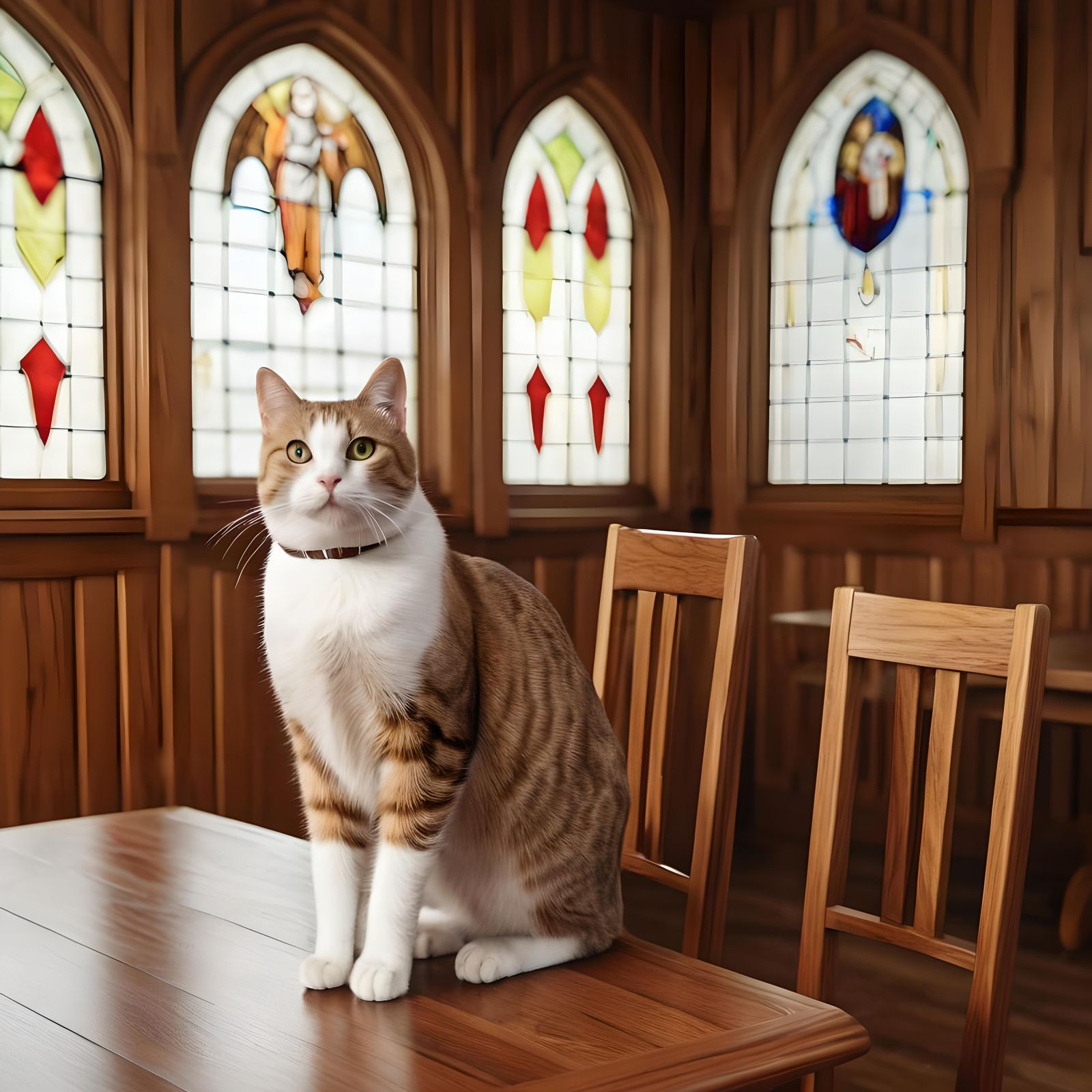 Smiling Cat at Dinner Table with Stained Glass