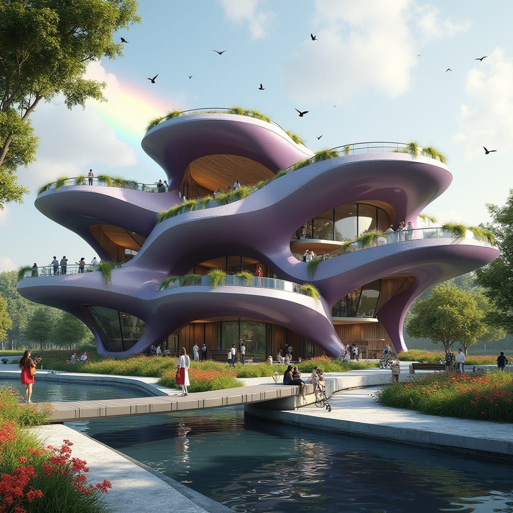 Organic Flower Cityscape in Dark Purple and Grey