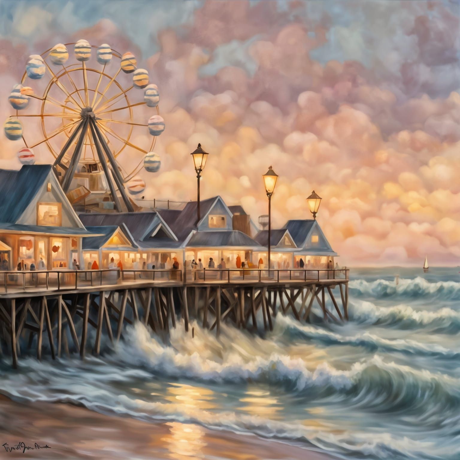 Impressionistic Boardwalk Scene at Night