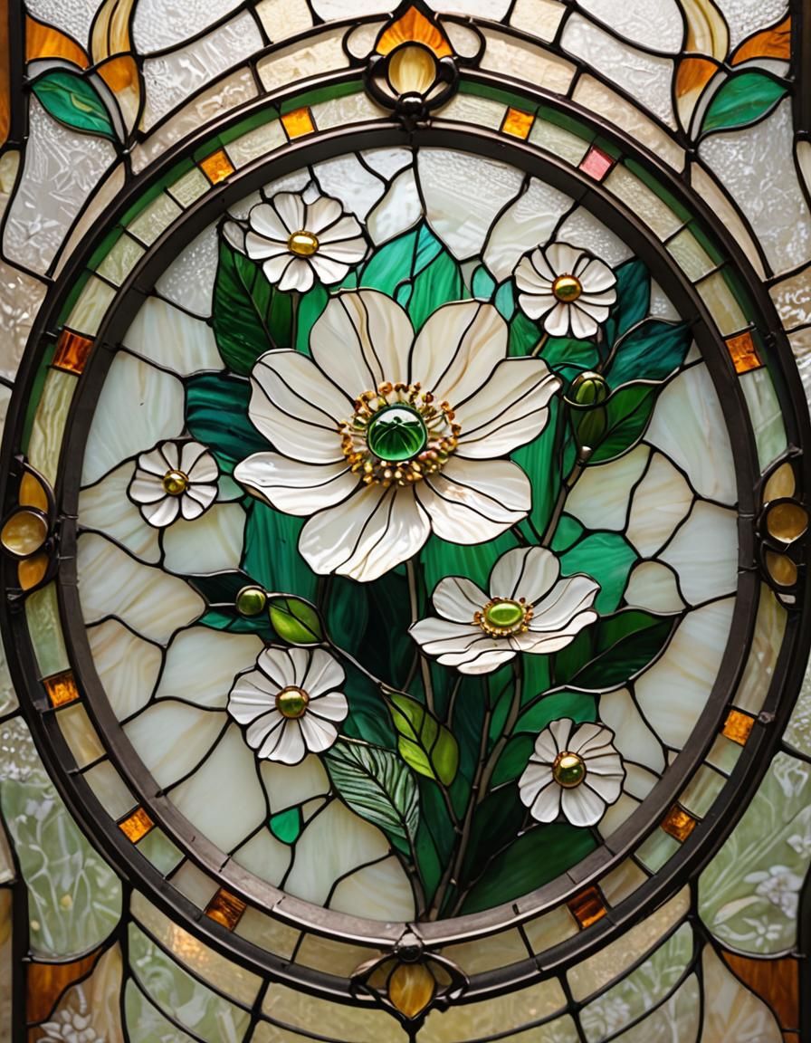 Stained Glass Anemone in Round Frame, Anime Style