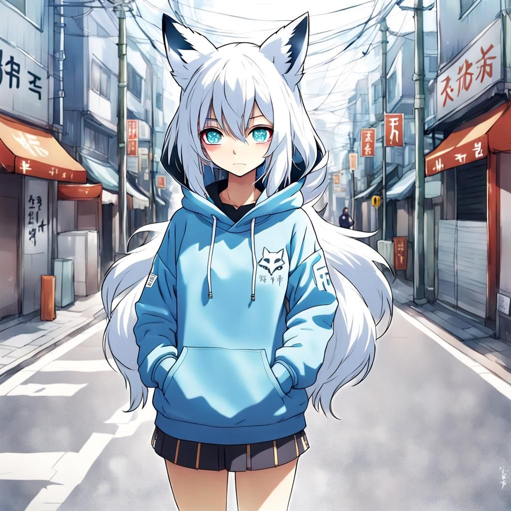 Anime Girl in Fox Hoodie on City Street