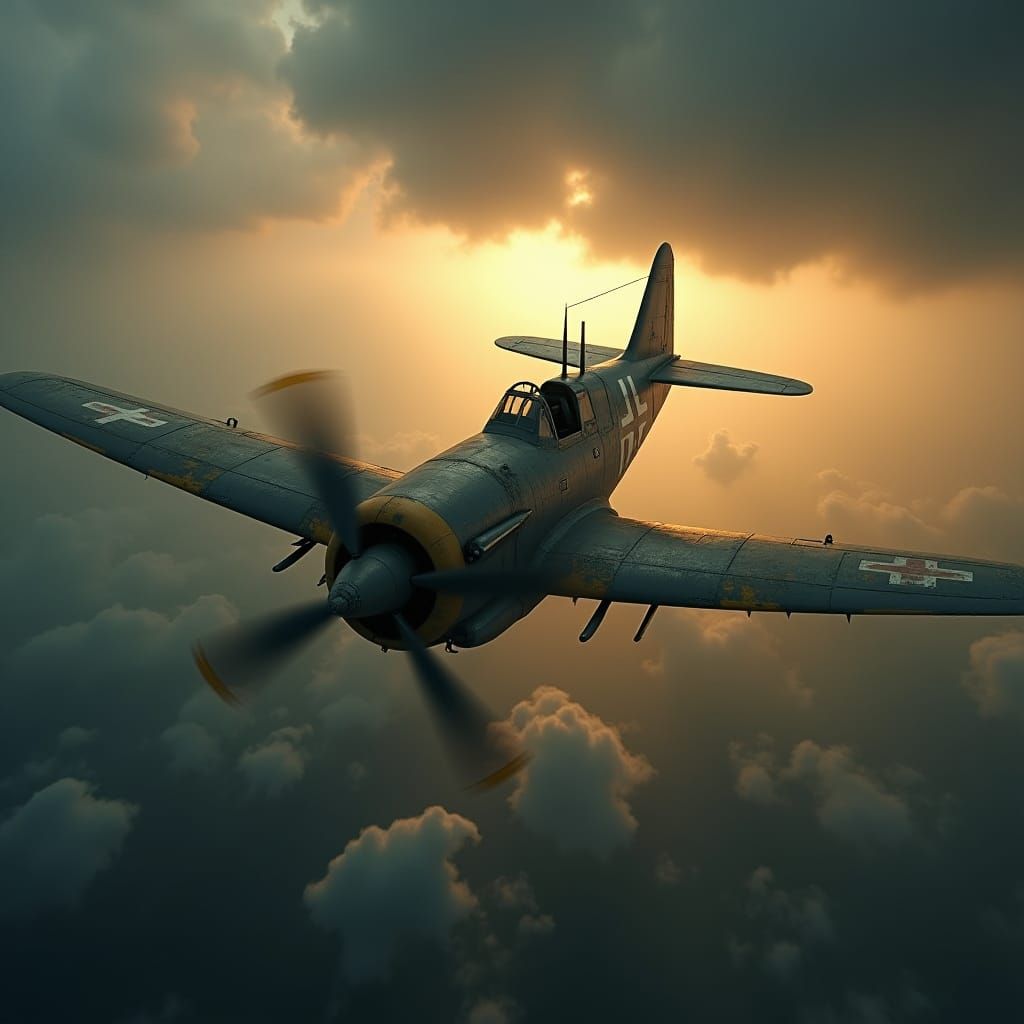 WWII Fighter Plane Soaring Through Stormy Sky