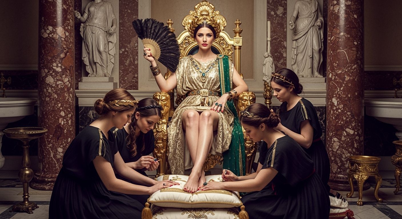 Regal Roman Empress on Gold Throne in Lavish Palace