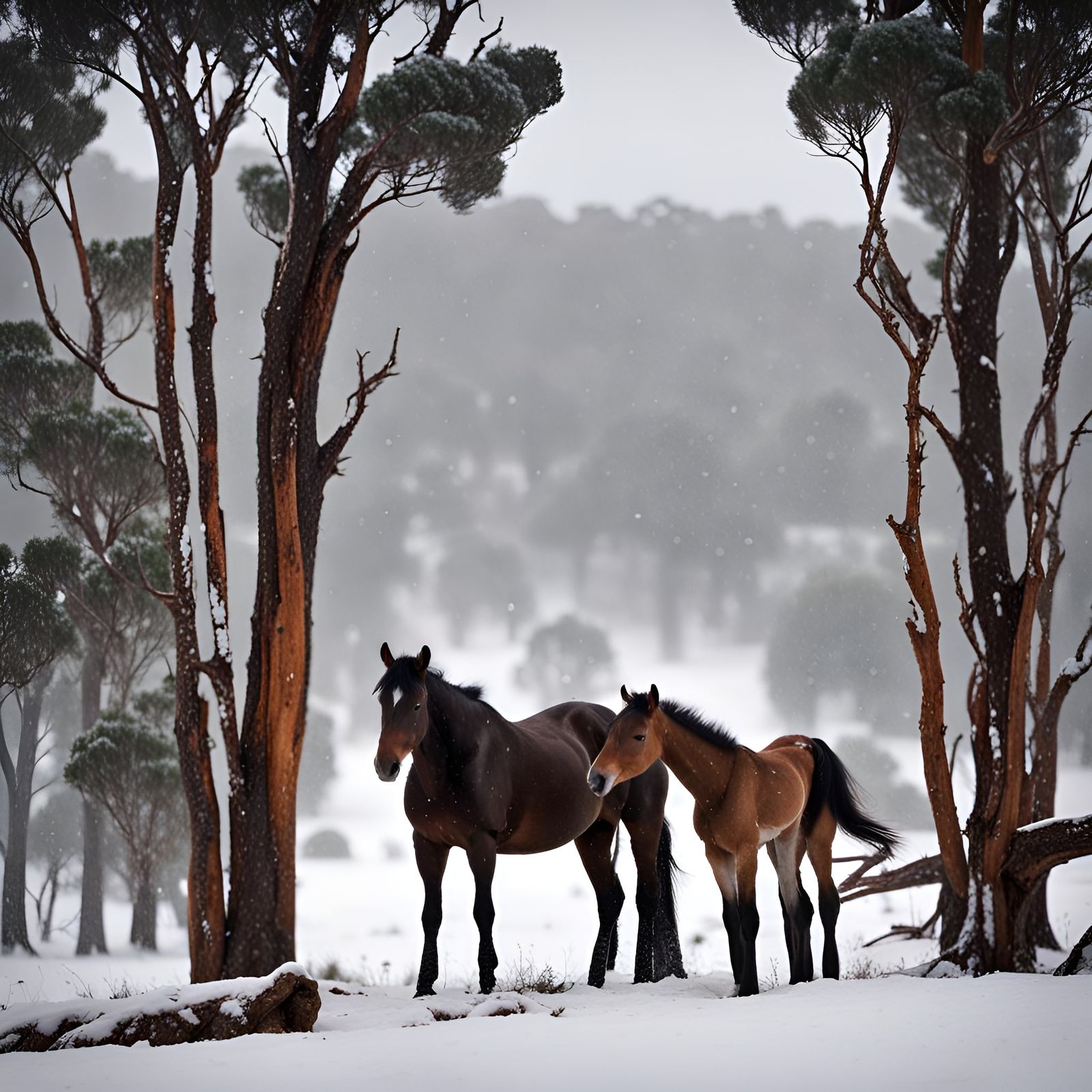 Horses Sheltering from Storm in Snowy Mountains
