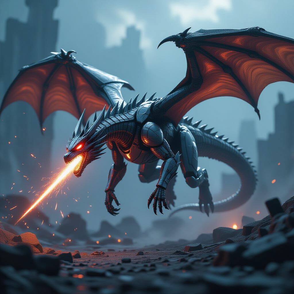Robotic Dragon in Cybernetic Wasteland, 8k Hyper-Realism