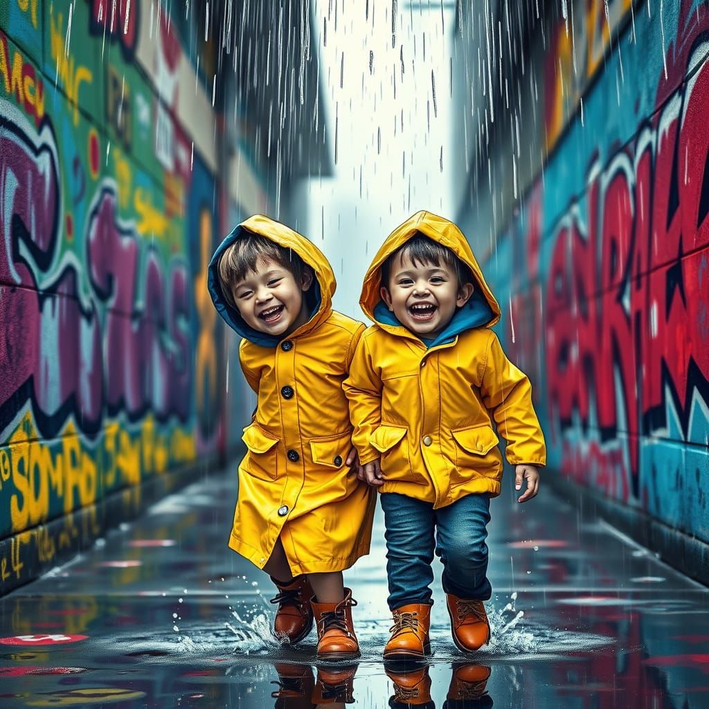 Joyful Children Play in a Vibrant Rainy City Scene