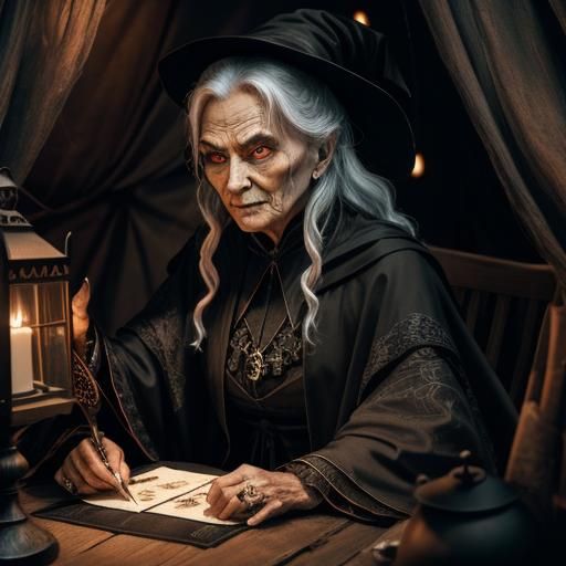 Hyperrealistic Witch Points at Voodoo Card