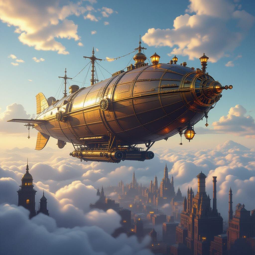 Steampunk Airship Over Industrial Metropolis: Matte Painting