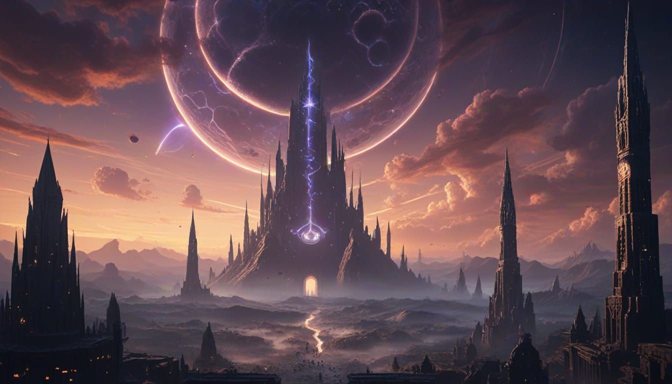 Floating Ancient City of Runes in Cosmic Void