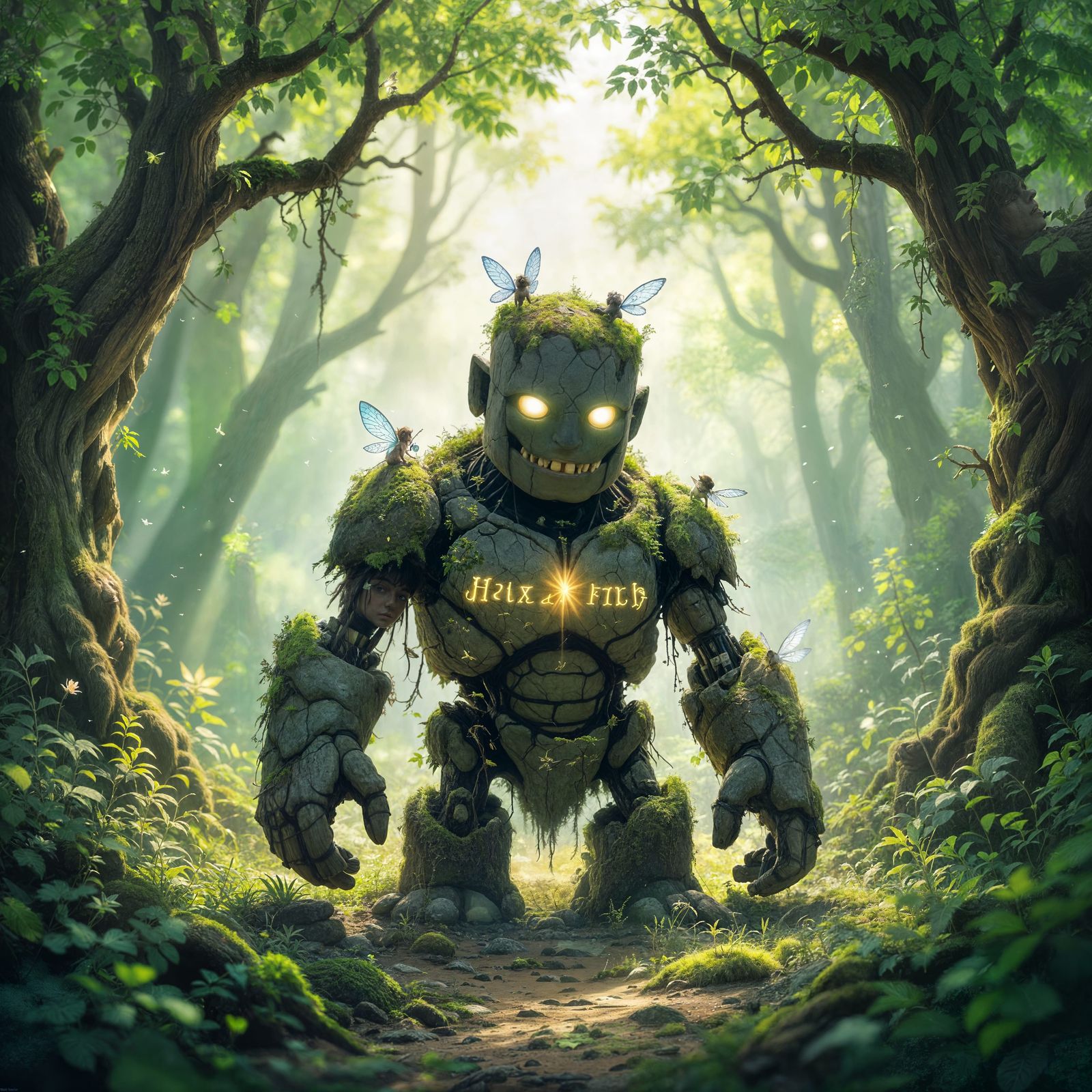 Moss Golem Awakens in Sunlit Enchanted Forest with Sprites
