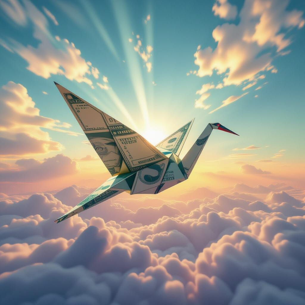 Giant Origami Crane of Dollar Bills Soaring Through Sky