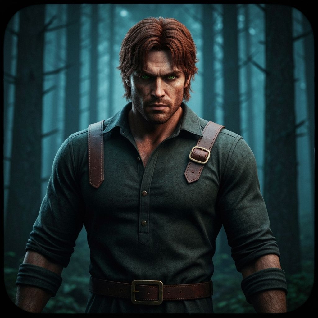 Rugged Lumberjack With Auburn Hair in Atmospheric Forest
