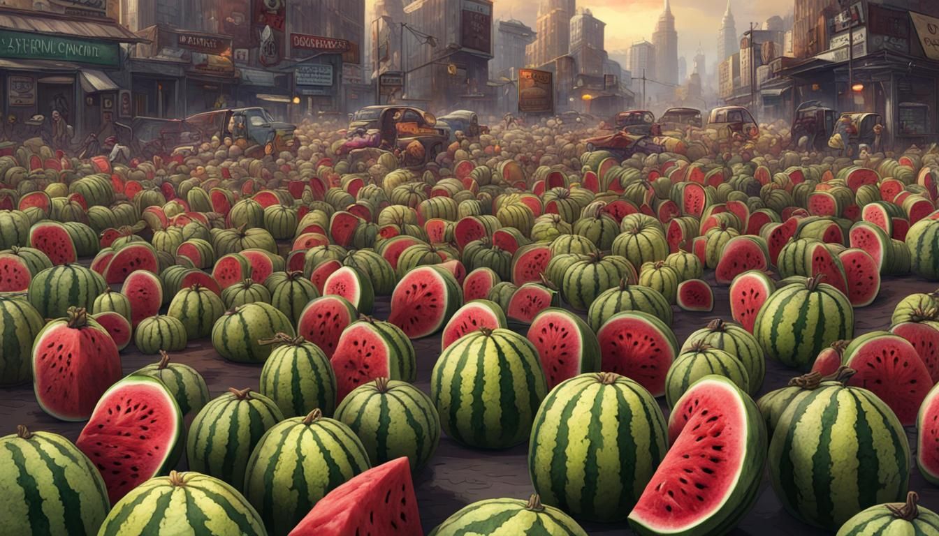 Macabre Watermelon-Banana Zombie Army in Gloomy City