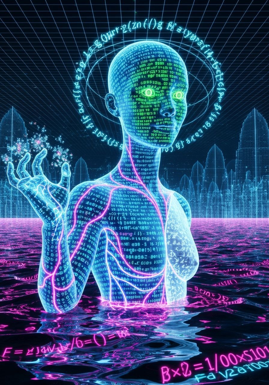 Data-Stream Selkie Emerges from Liquid Binary Neon Noir