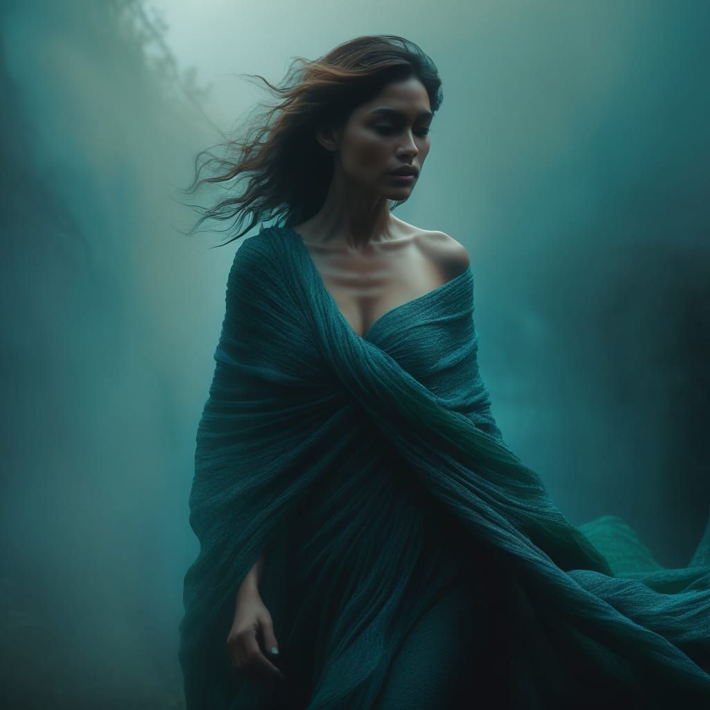 Ethereal Figure Wrapped in Luxurious Fabrics