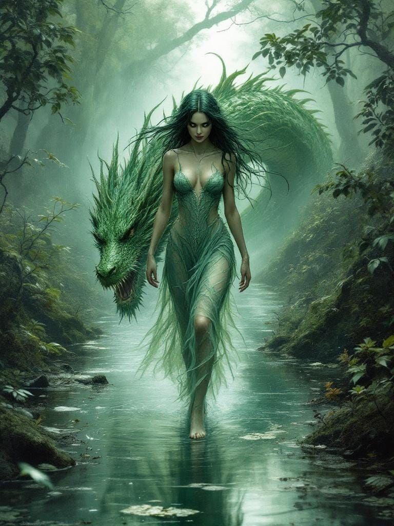 Water Demoness and Dragon: Ethereal Acrylic Fantasy