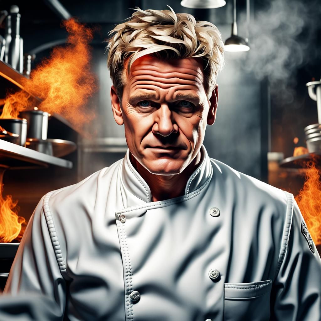 Gordon Ramsey, Restaurant kitchen, fire background, super focus, detailed face, 8k resolution, photo, in the style of ph...