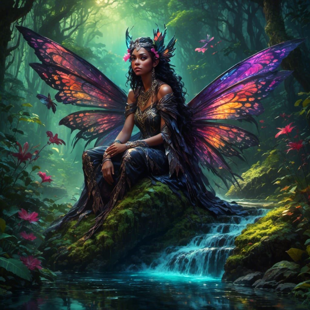 Detailed Dark Fairy with Wings in Forest